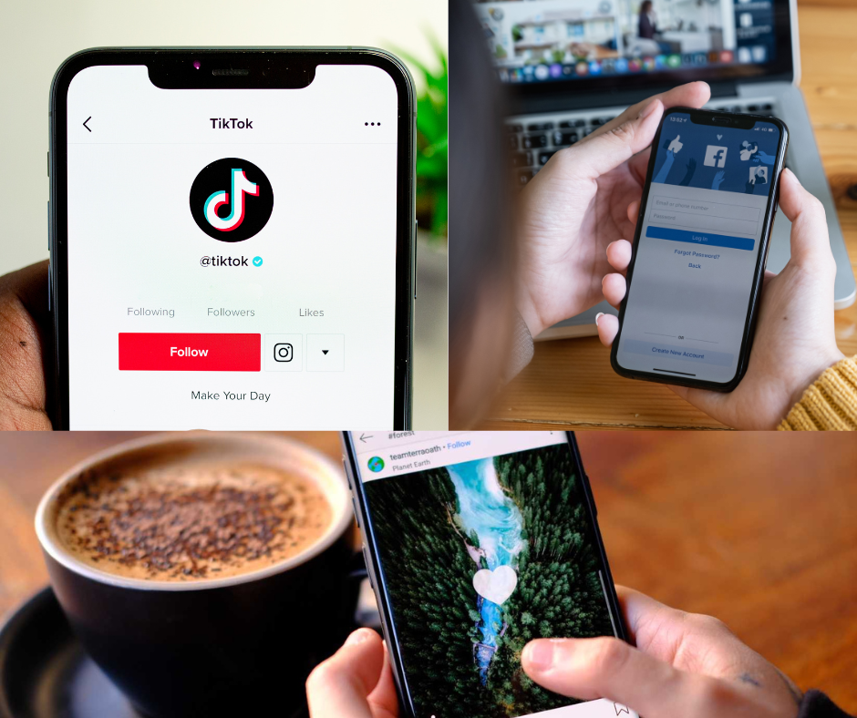 Split image of a smartphone showing TikTok, a smartphone showing Facebook, and a smartphone showing an Instagram feed